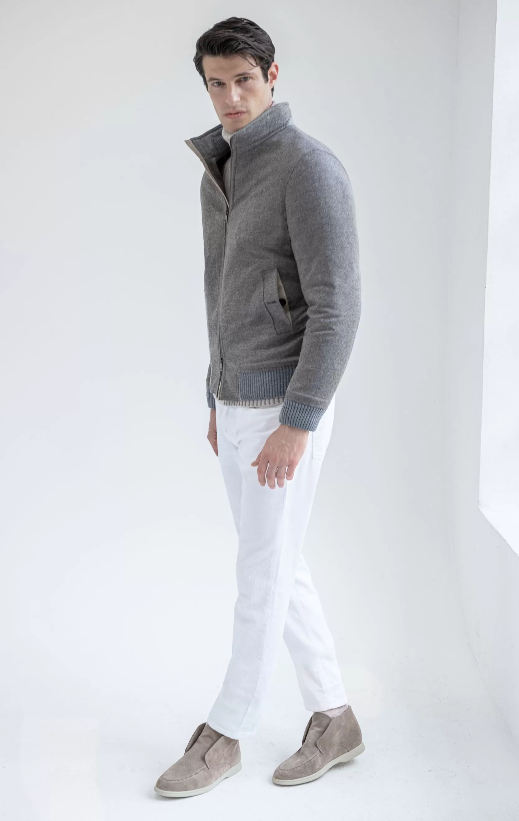 Sale Pini Parma Bomber Imbottito Color Tortora In Lana E Cashmere Loro Piana – Made In Italy