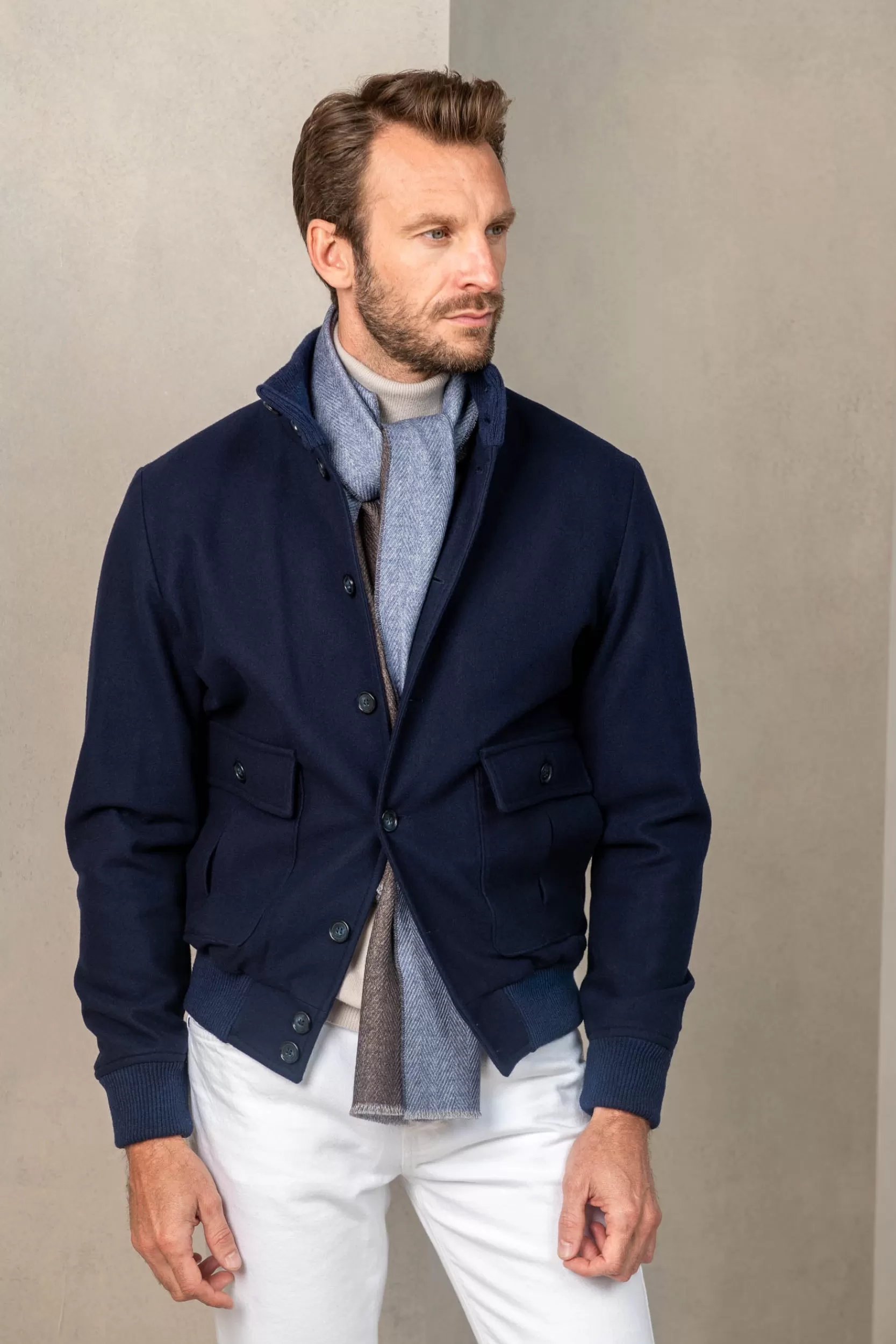 Outlet Pini Parma Bomber In Flanella Di Lana Super 180's – Made In Italy Blu