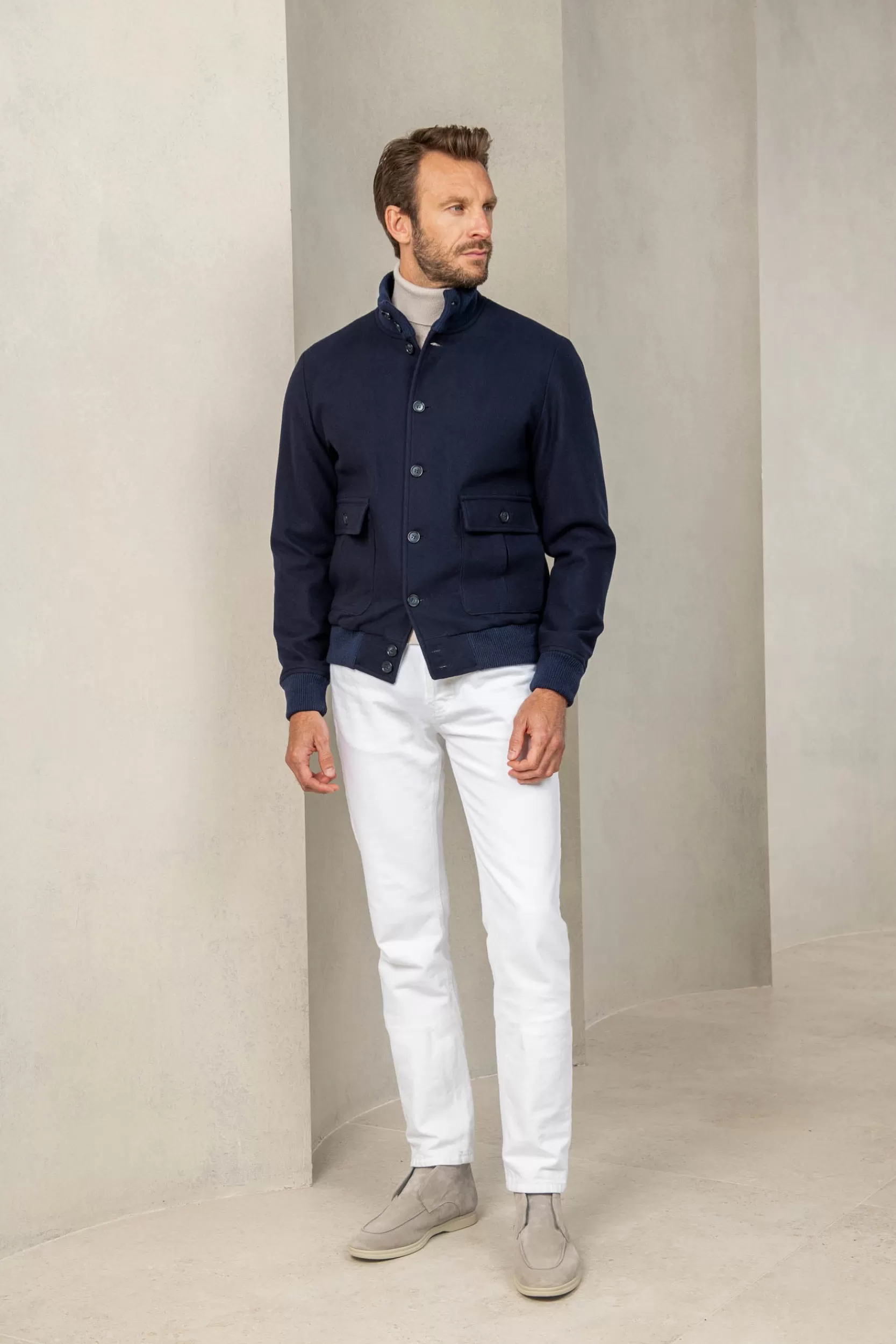 Outlet Pini Parma Bomber In Flanella Di Lana Super 180's – Made In Italy Blu