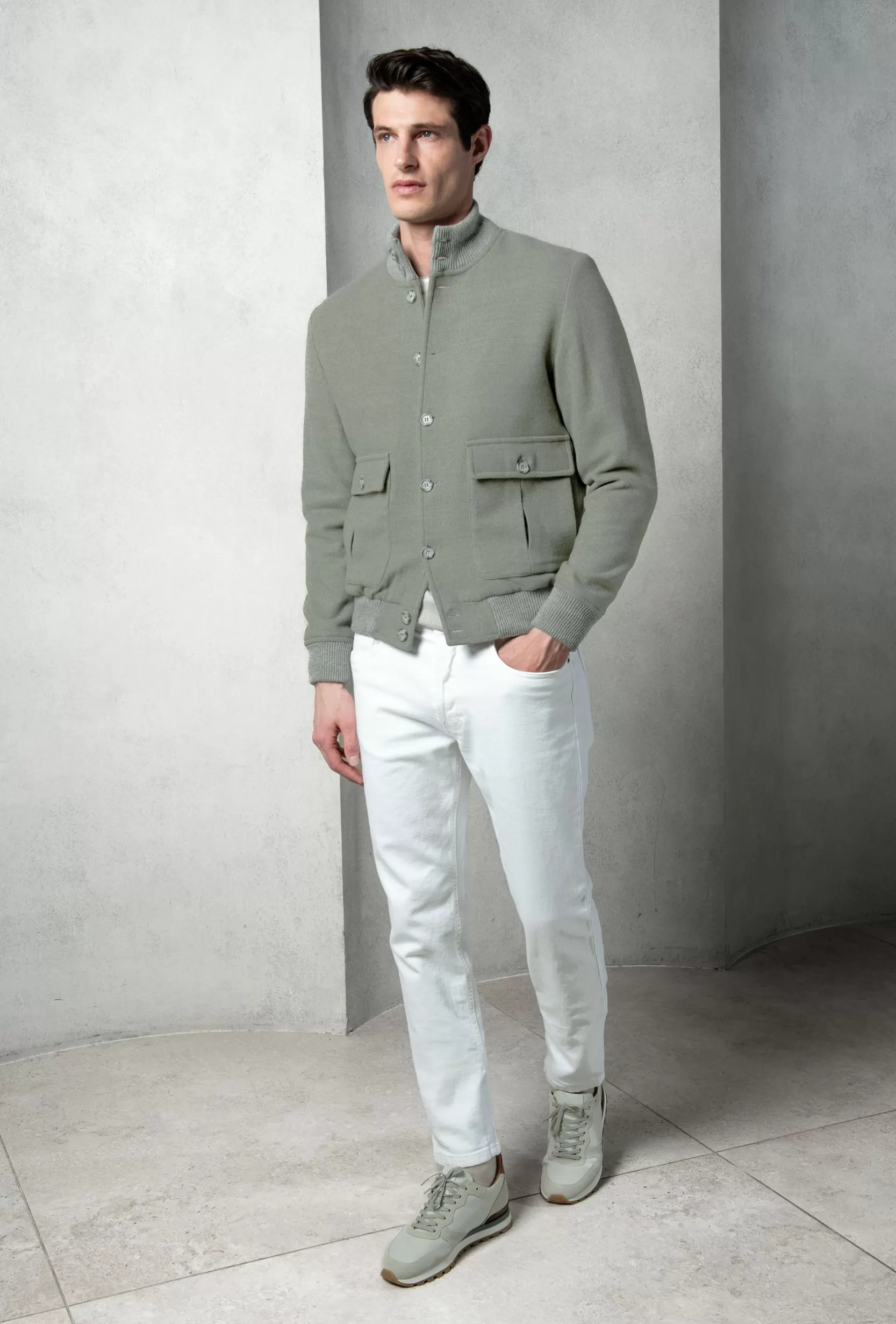 Shop Pini Parma Bomber In Flanella Di Lana Super 180's – Made In Italy Salvia