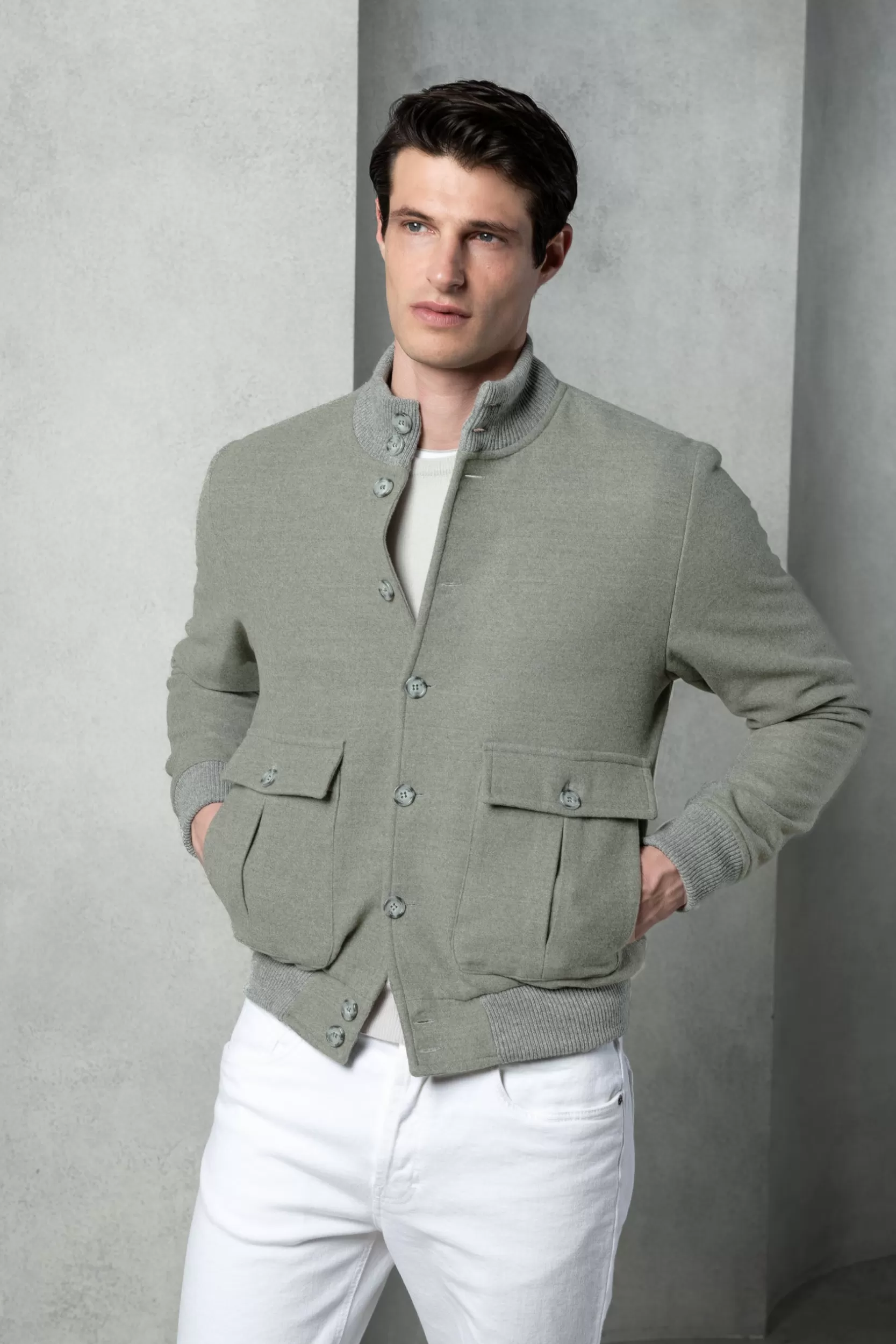 Shop Pini Parma Bomber In Flanella Di Lana Super 180's – Made In Italy Salvia