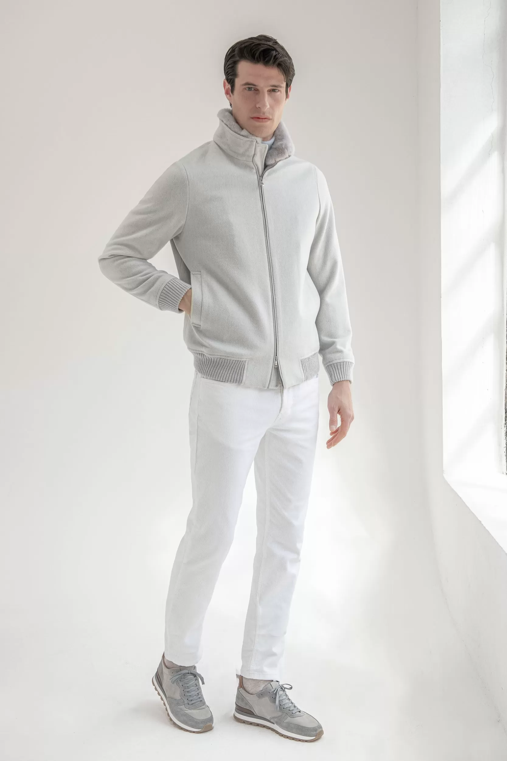 Hot Pini Parma Bomber Off-white Con Collo In Visone Removibile – Made In Italy Bianco