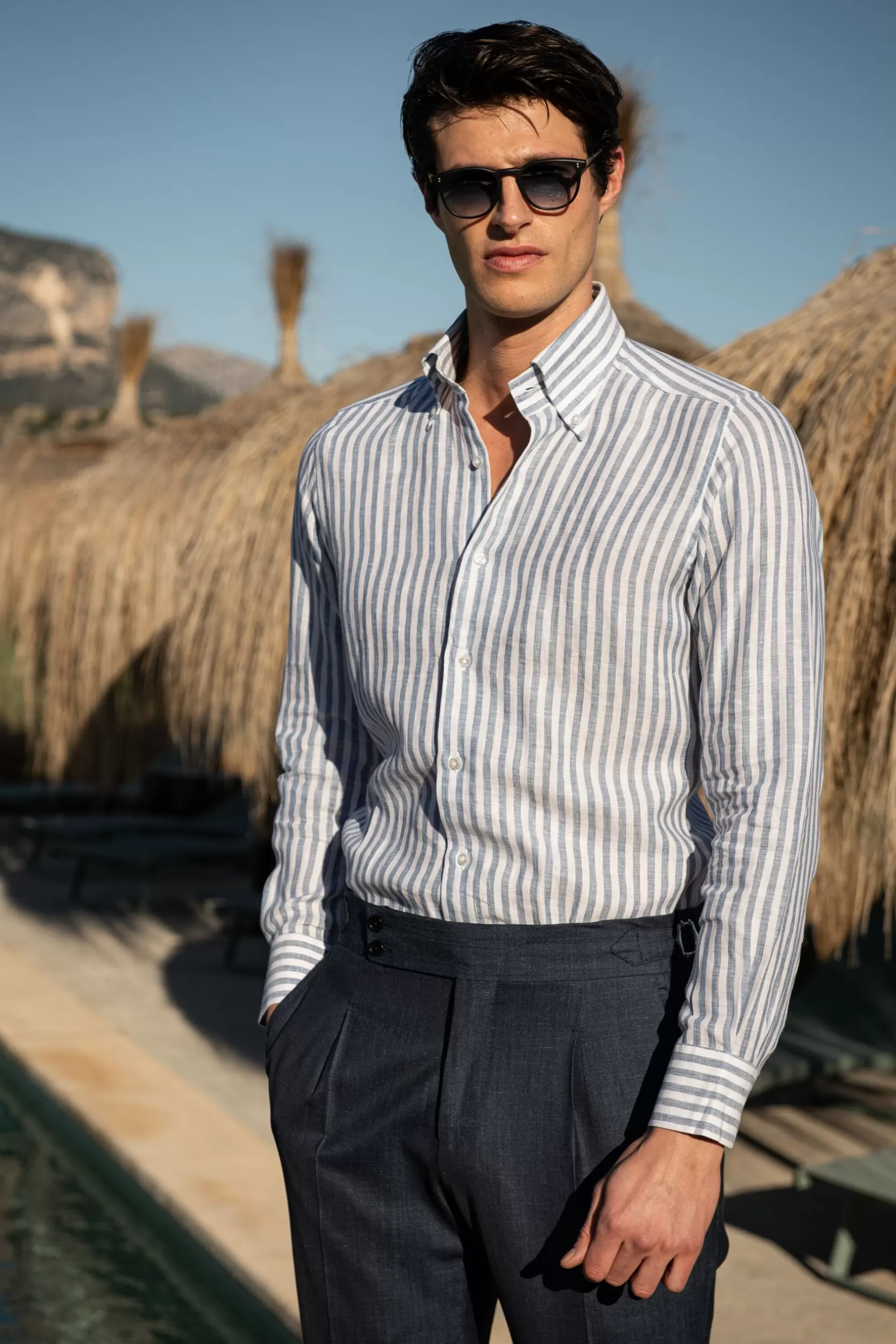 Cheap Pini Parma Camicia Button Down In Lino A Righe - Made In Italy Blu