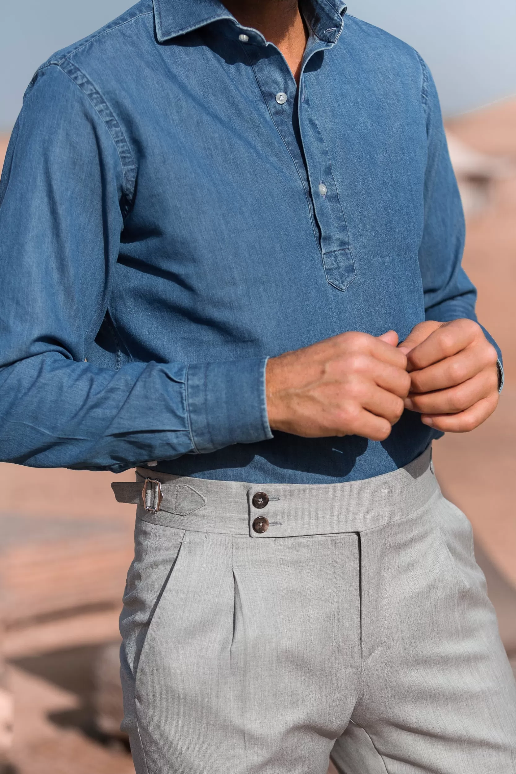 Fashion Pini Parma Camicia Popover In Denim - Made In Italy Azzurro