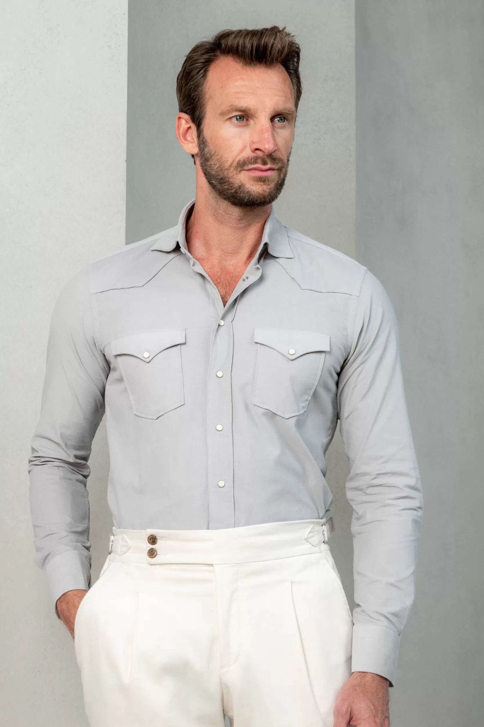 Sale Pini Parma Camicia Western Effetto Velluto - Made In Italy Stone