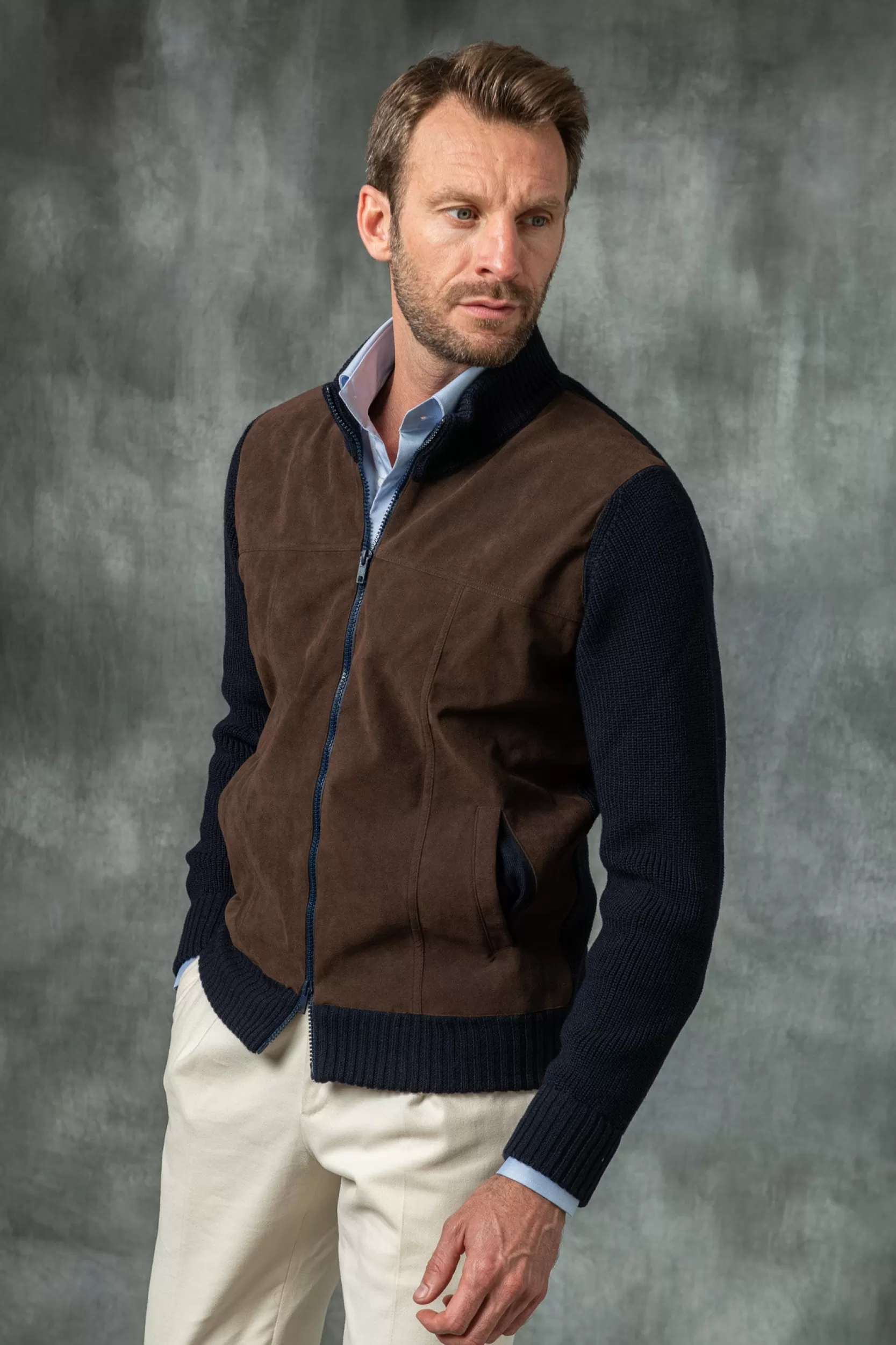 Outlet Pini Parma Cardigan Blu E Marrone - Alcantara E Lana - Made In Italy