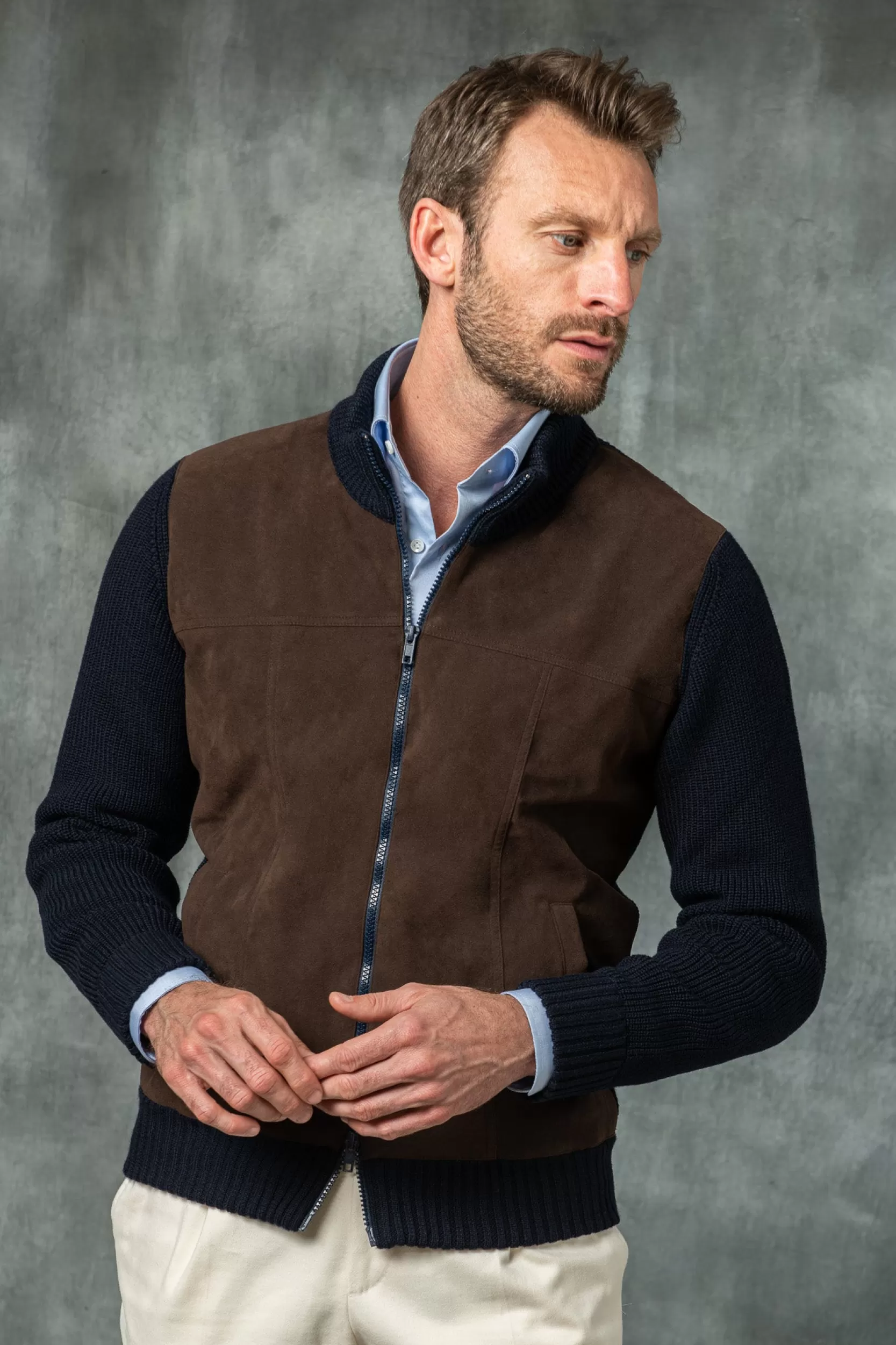 Outlet Pini Parma Cardigan Blu E Marrone - Alcantara E Lana - Made In Italy