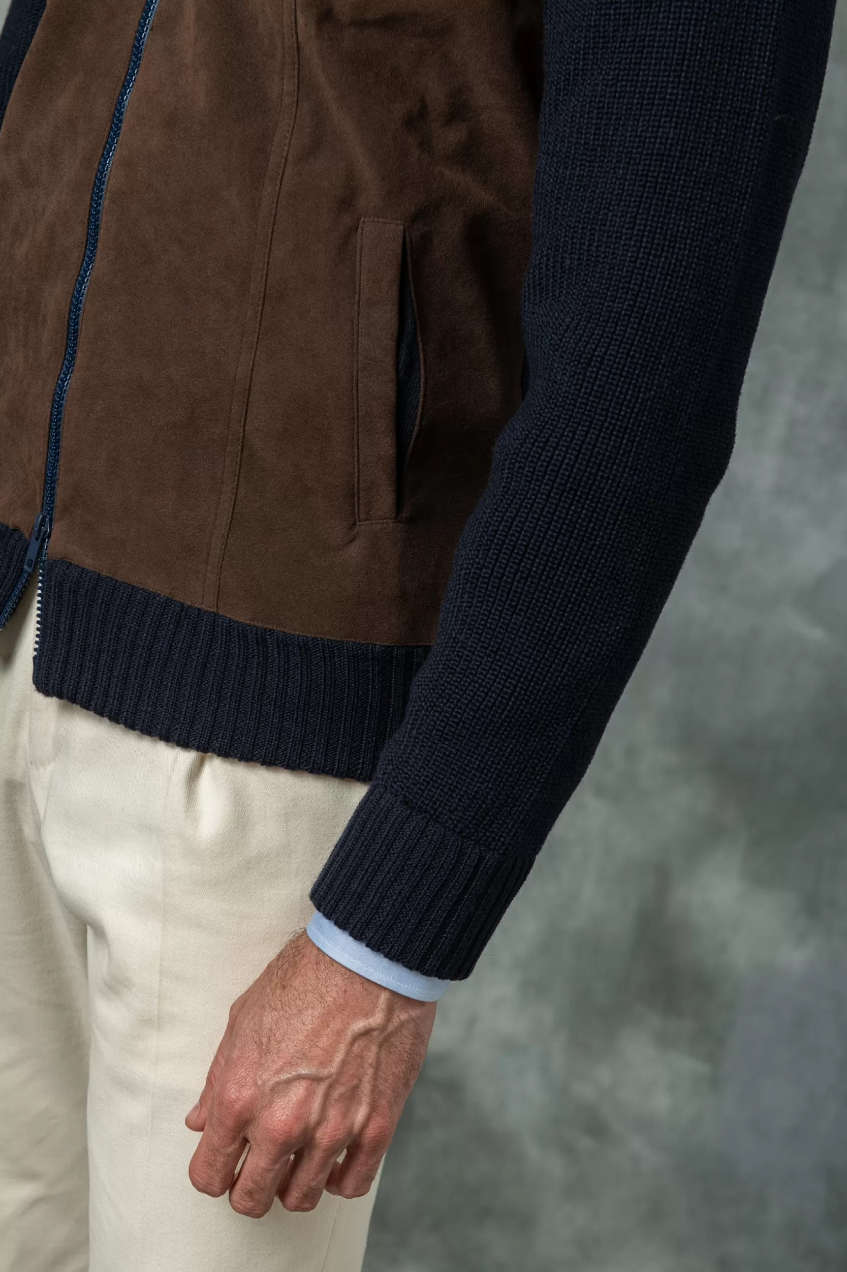 Outlet Pini Parma Cardigan Blu E Marrone - Alcantara E Lana - Made In Italy