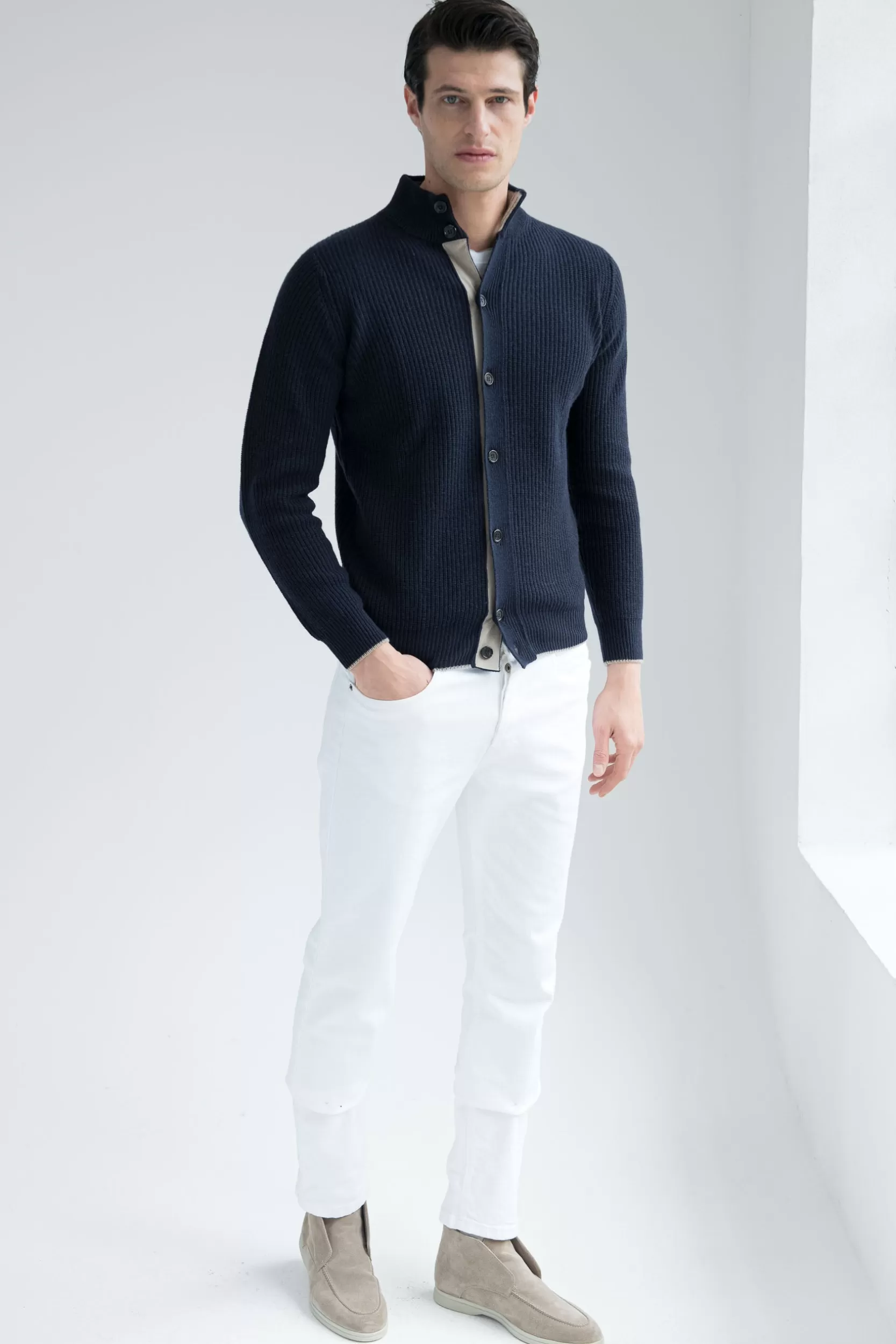 Cheap Pini Parma Cardigan Blu In Misto Cashmere A Coste – Made In Italy