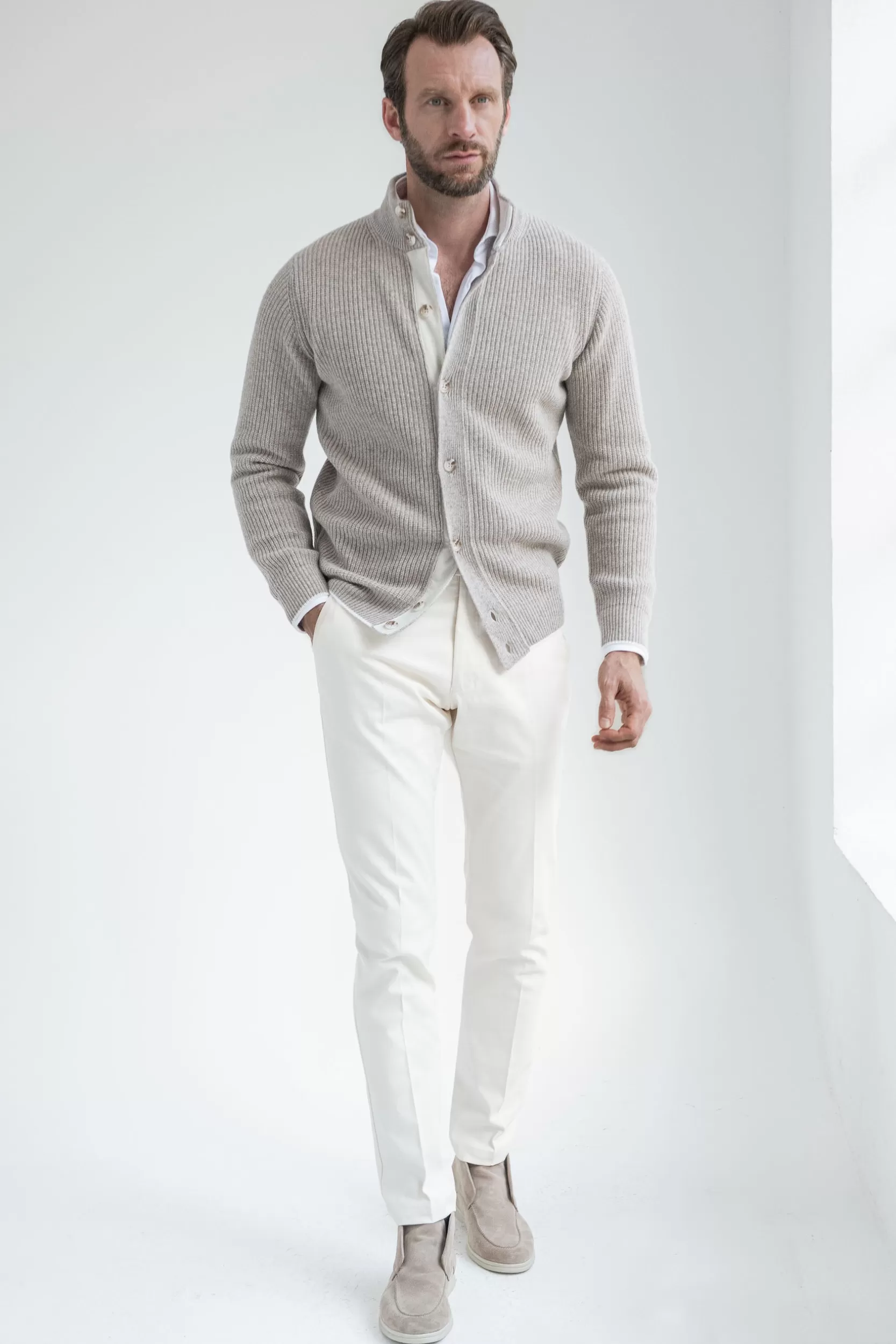 New Pini Parma Cardigan In Misto Cashmere A Coste Color Tortora – Made In Italy Talpa