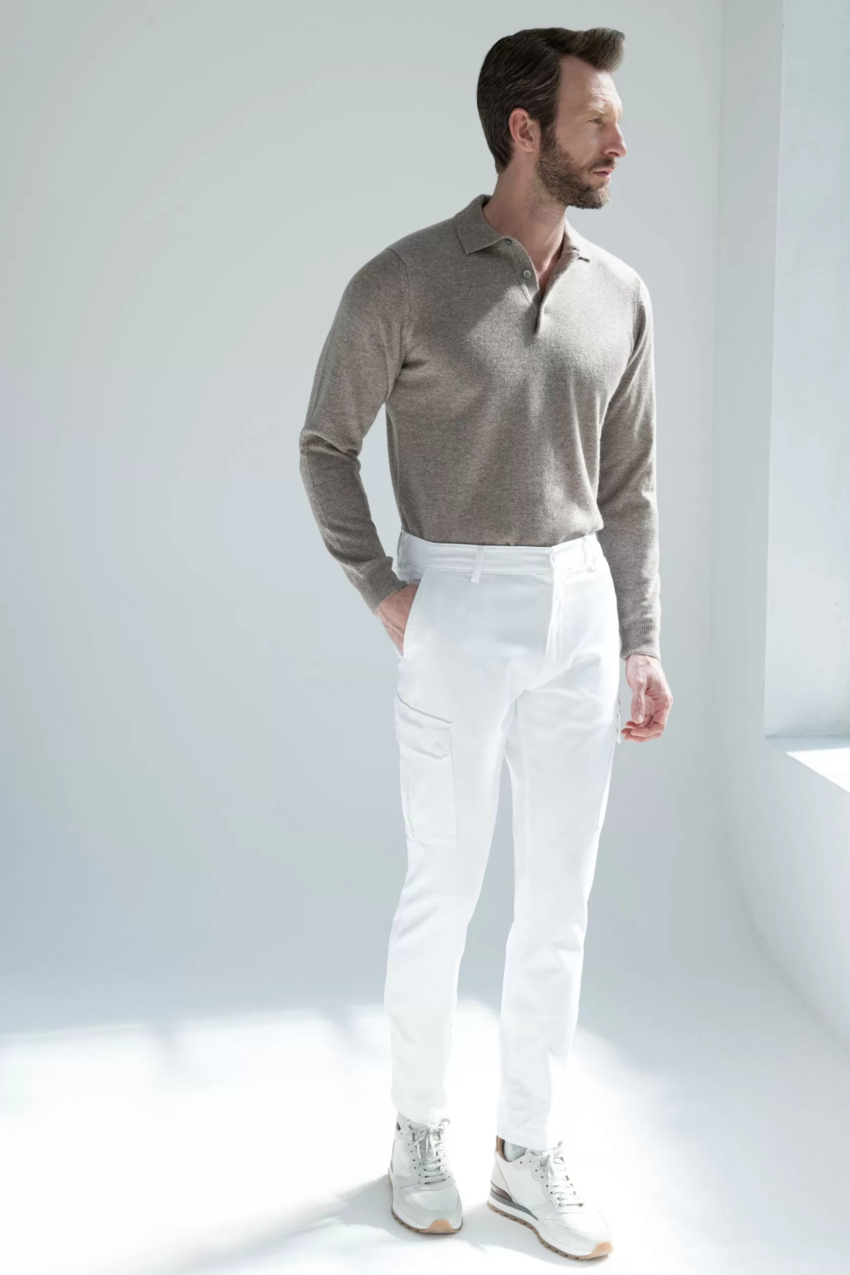 Hot Pini Parma Cargo In Tela Elasticizzata Off-white Sporco - Made In Italy Bianco