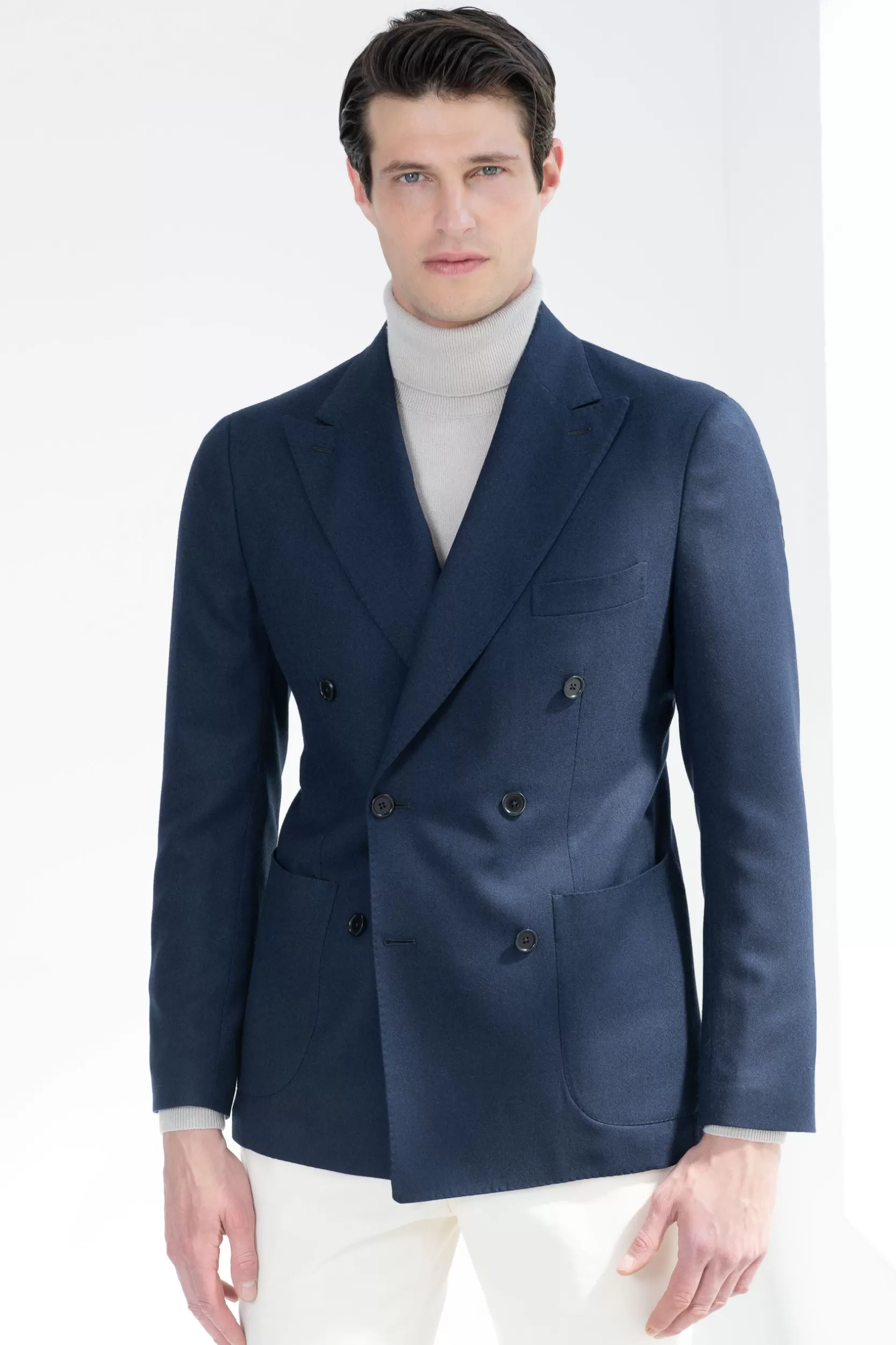 Clearance Pini Parma Giacca Doppiopetto Flanella Blu - Made In Italy