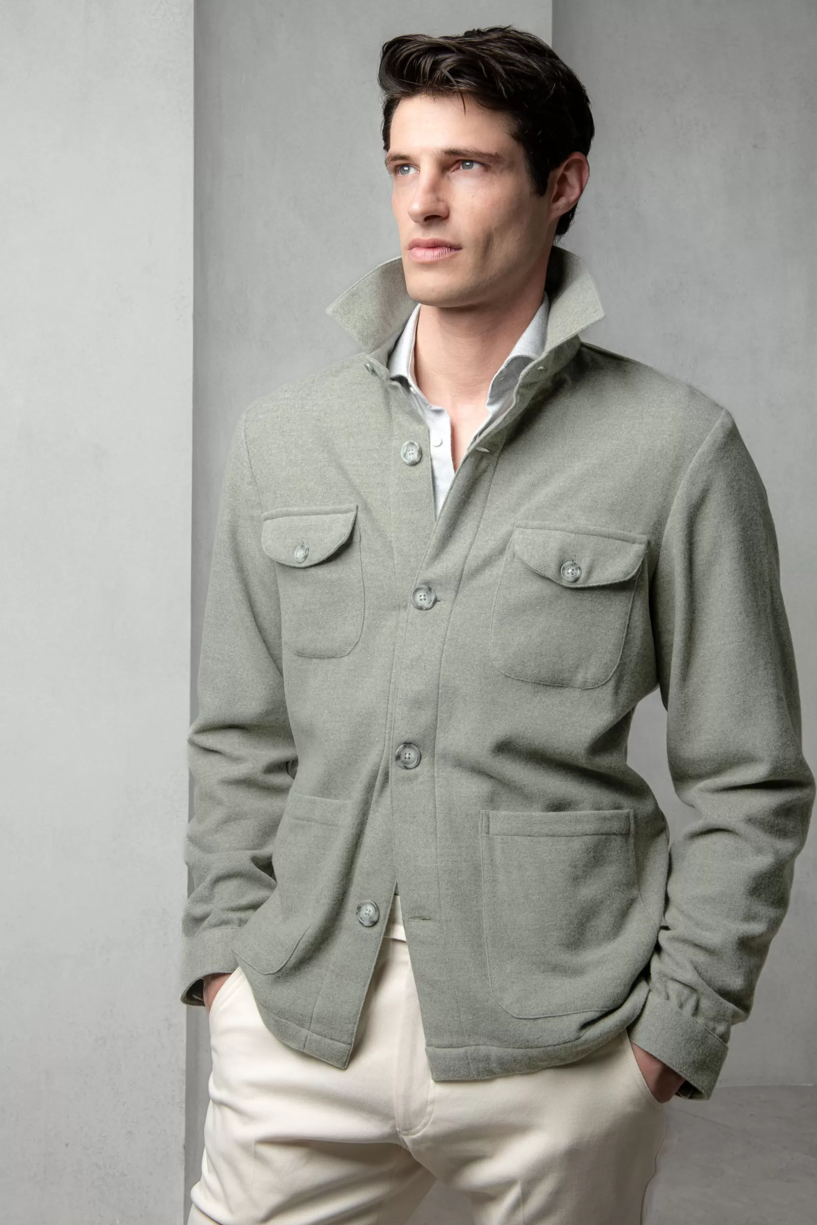 Fashion Pini Parma Giacca Safari In Flanella Super 180s – Made In Italy Salvia