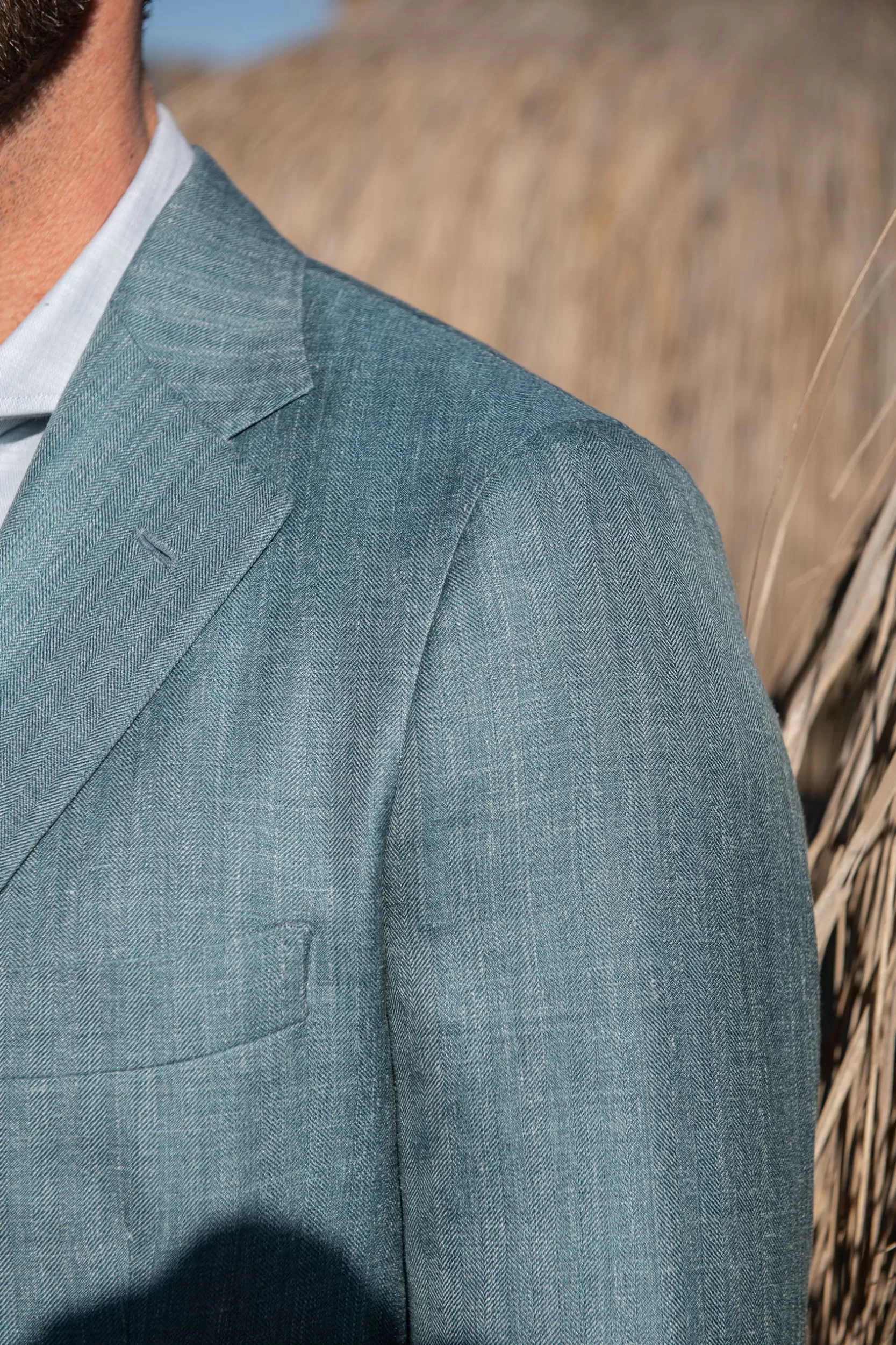 Fashion Pini Parma Giacca Spigata Verde Acqua In Lana Seta E Lino Loro Piana - Made In Italy