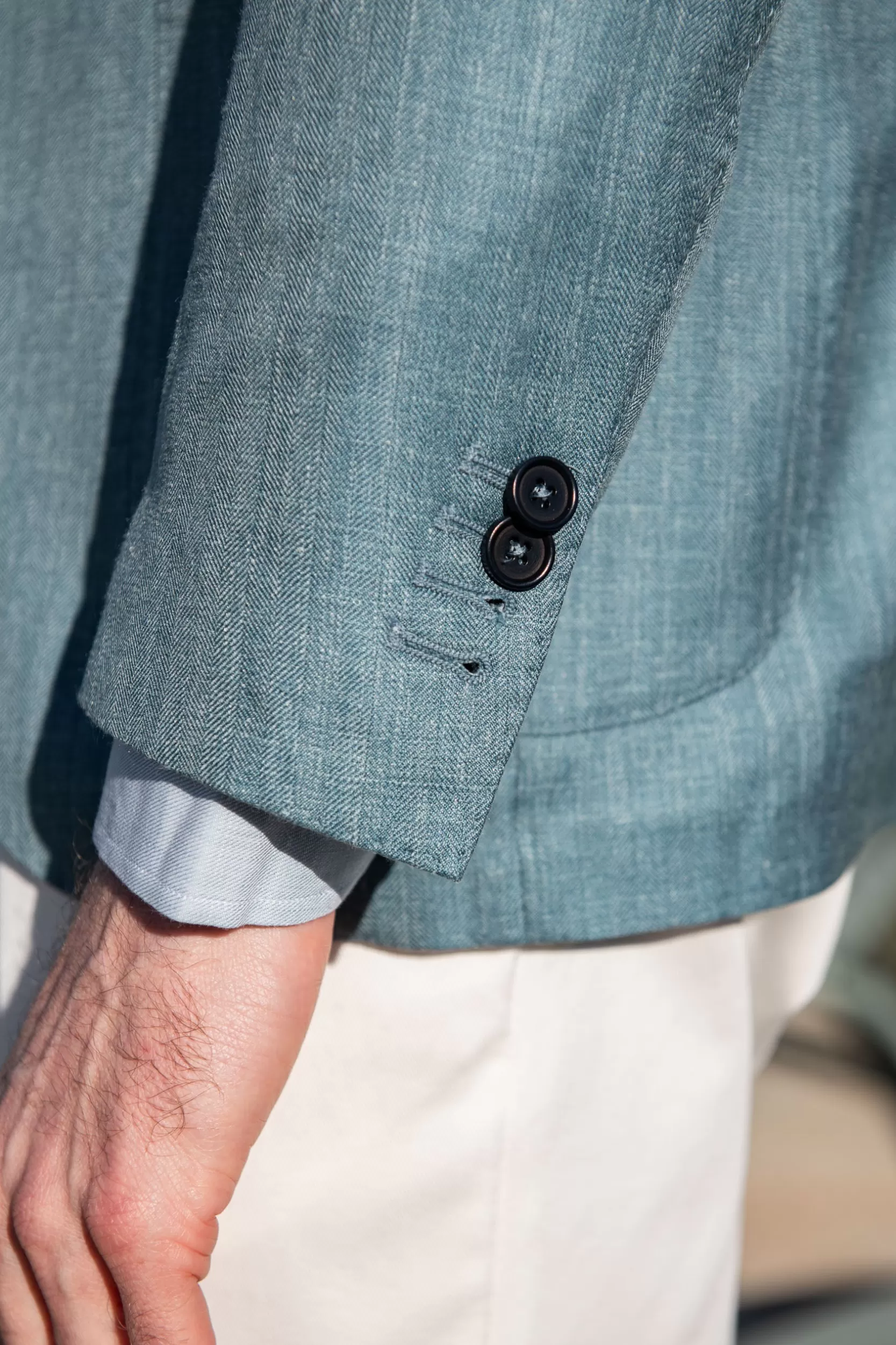 Fashion Pini Parma Giacca Spigata Verde Acqua In Lana Seta E Lino Loro Piana - Made In Italy