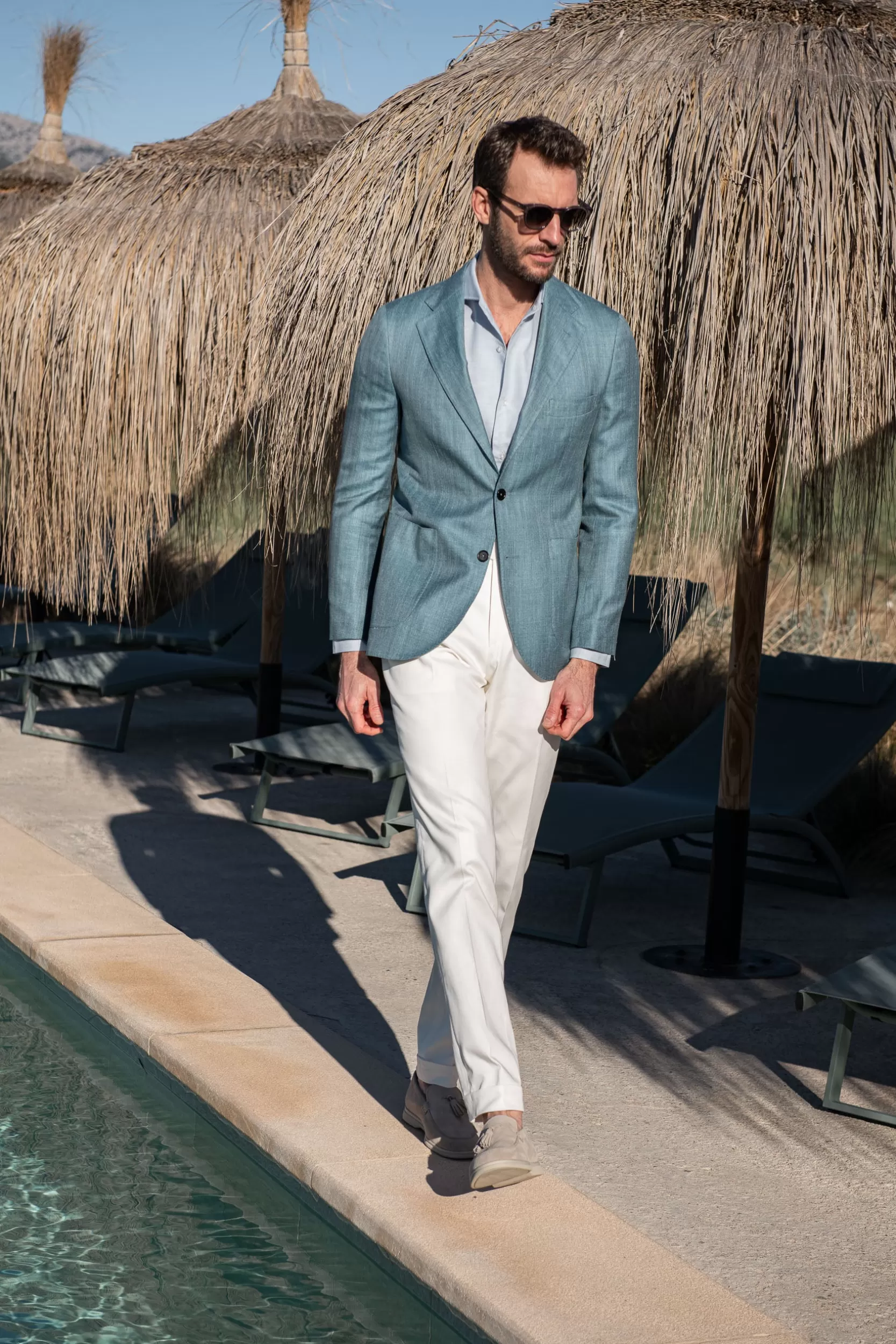 Fashion Pini Parma Giacca Spigata Verde Acqua In Lana Seta E Lino Loro Piana - Made In Italy