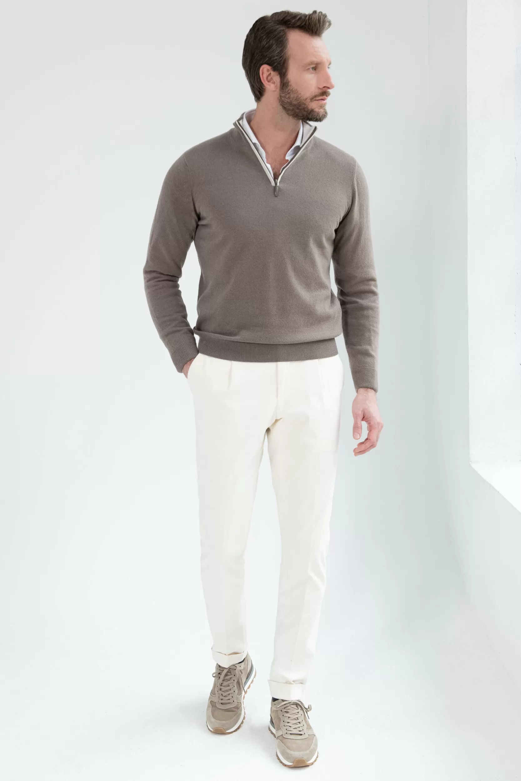 New Pini Parma Mezza Zip In Lana E Cashmere Color Tortora - Made In Italy Talpa