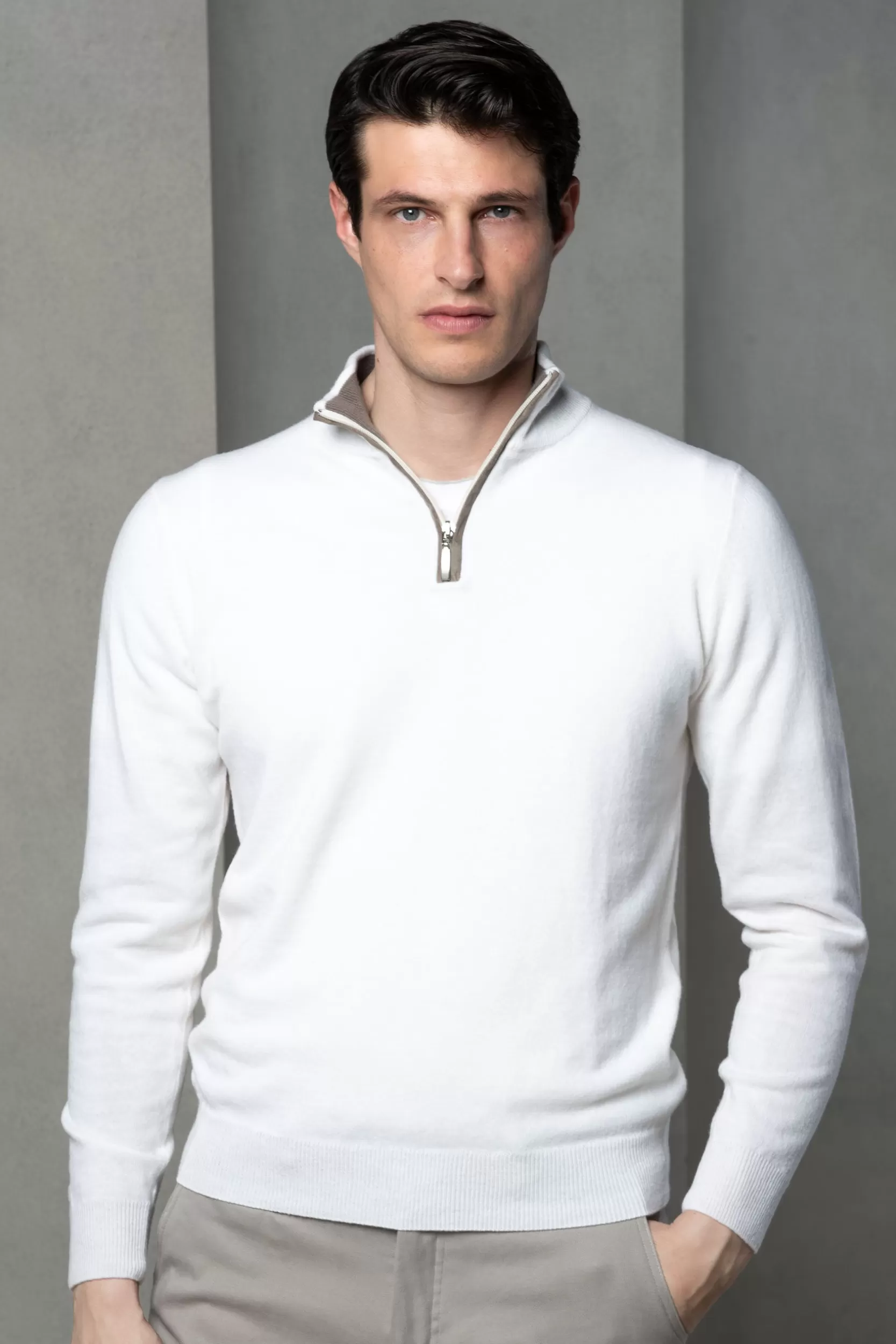 Flash Sale Pini Parma Mezza Zip In Lana E Cashmere Off-white - Made In Italy Bianco