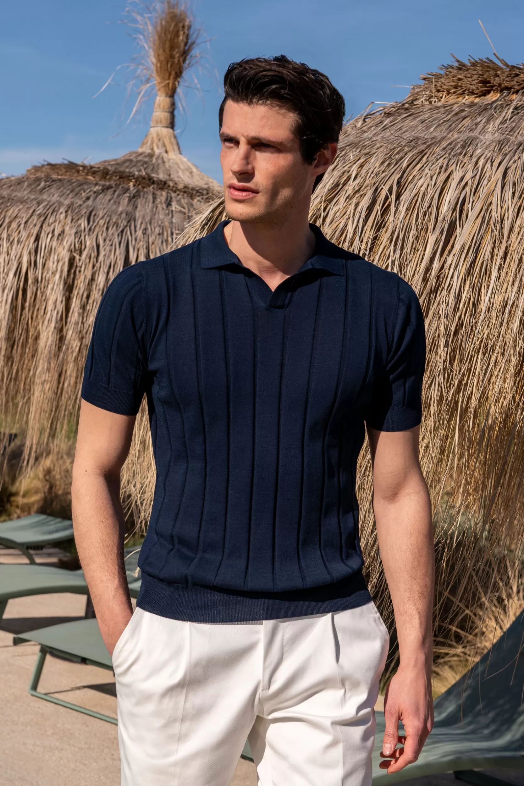 Clearance Pini Parma Polo A Coste - Made In Italy Blu