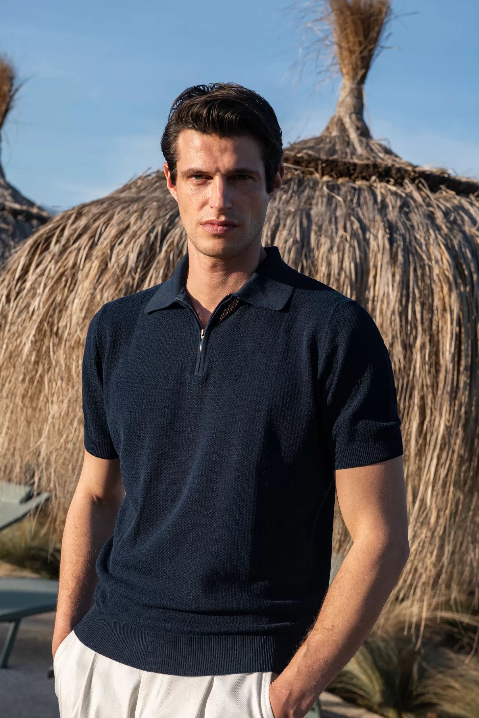 Shop Pini Parma Polo In Maglia Testurizzata Con Cerniera - Made In Italy Blu