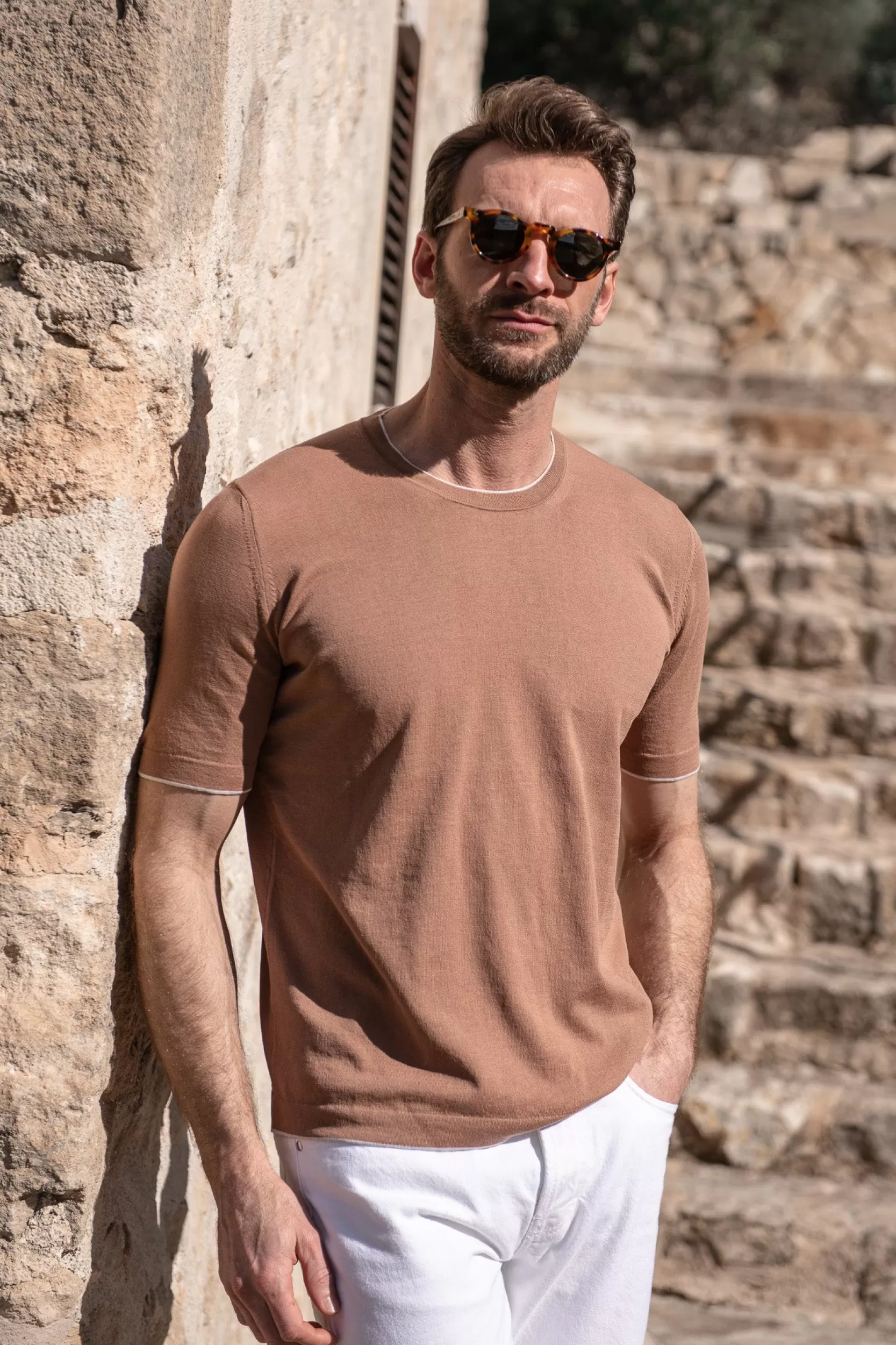 Fashion Pini Parma T-shirt In Cotone Lavorato A Maglia Rusty - Made In Italy Arrugginito