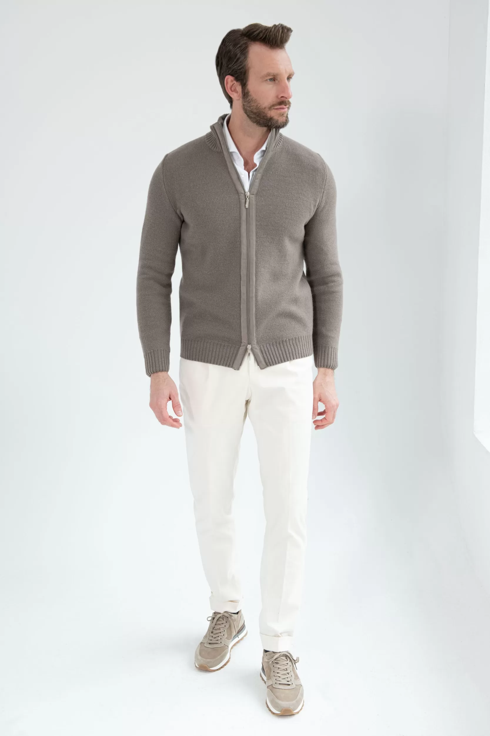 Shop Pini Parma Zip Intera In Misto Cashmere Nido D'ape Tortora – Made In Italy Talpa